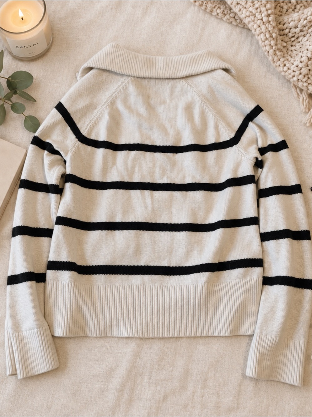 Abercrombie & Fitch Cream with Black Stripe Half-Zip Turtleneck Sweater - Picture 2 of 4